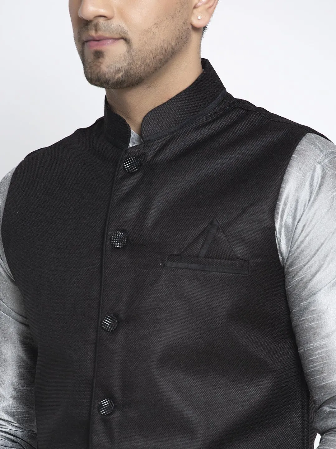 Men's Silk Blend Grey Kurta With Pyjama & Black Nehru Jacket - Benstoke