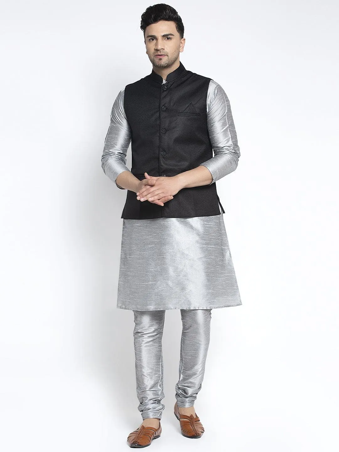 Men's Silk Blend Grey Kurta With Pyjama & Black Nehru Jacket - Benstoke