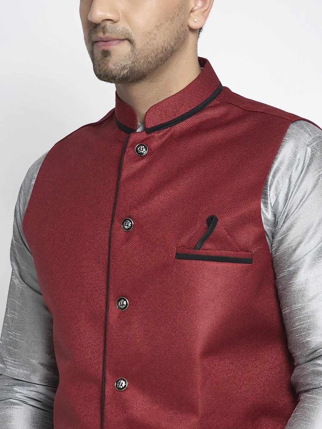 Men's Silk Blend Grey Kurta With Pyjama & Maroon Nehru Jacket - Benstoke