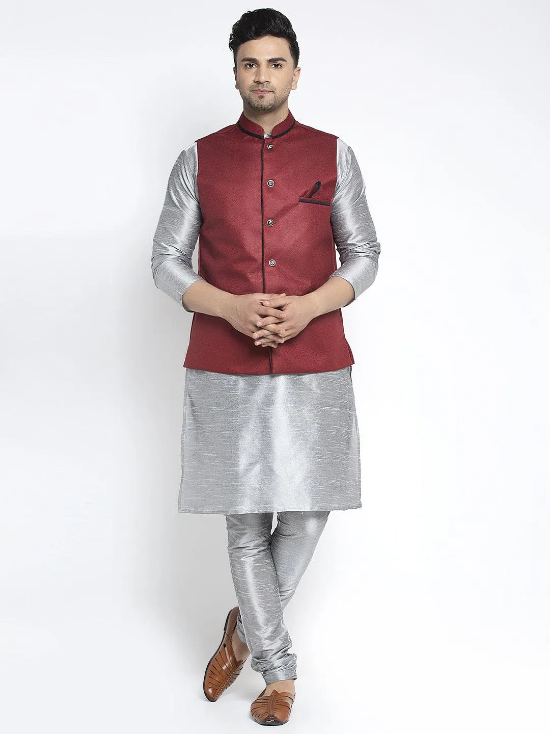 Men's Silk Blend Grey Kurta With Pyjama & Maroon Nehru Jacket - Benstoke