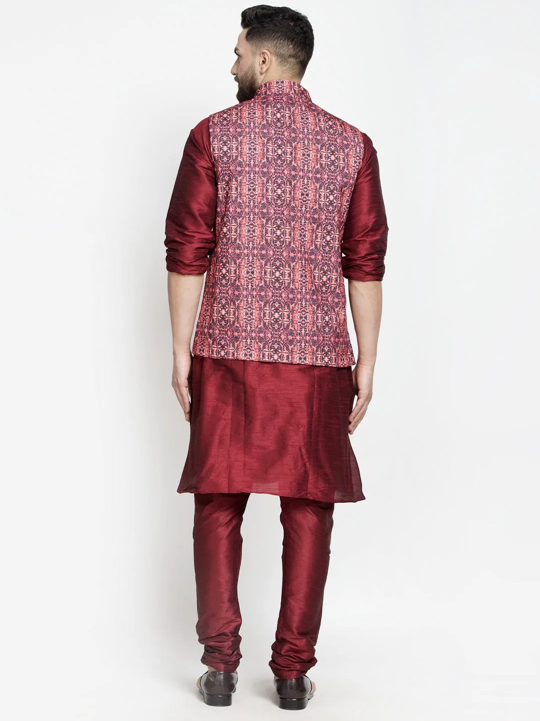 Men's Silk Blend Maroon Kurta With Pyjama & Coral Printed Nehru Jacket - Benstoke