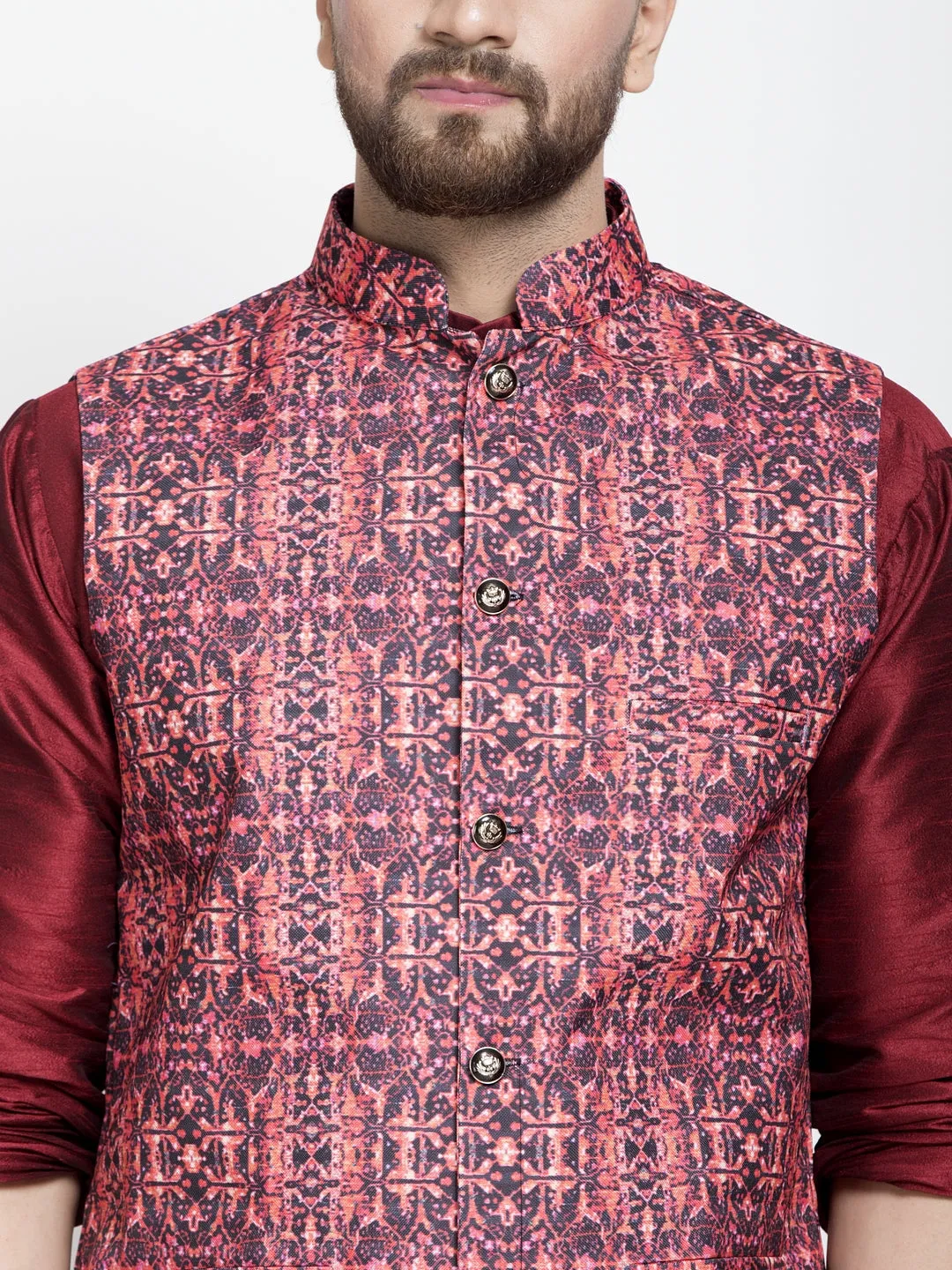 Men's Silk Blend Maroon Kurta With Pyjama & Coral Printed Nehru Jacket - Benstoke