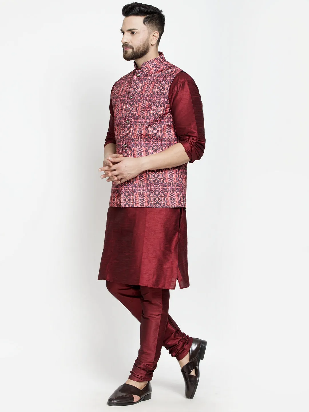 Men's Silk Blend Maroon Kurta With Pyjama & Coral Printed Nehru Jacket - Benstoke