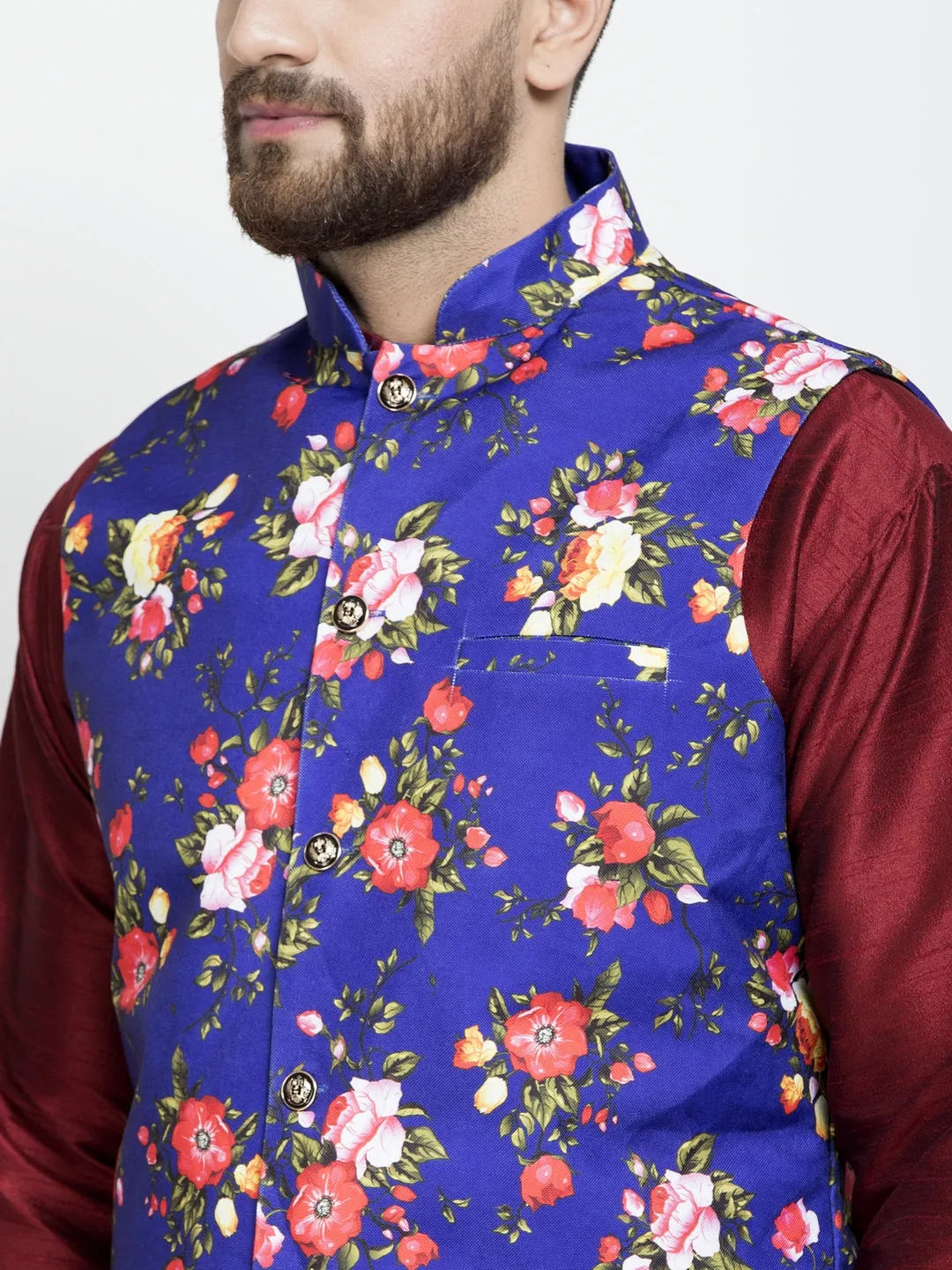 Men's Silk Blend Maroon Kurta With Pyjama & Royal Blue Printed Nehru Jacket - Benstoke