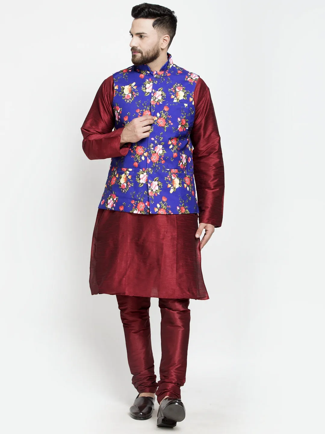 Men's Silk Blend Maroon Kurta With Pyjama & Royal Blue Printed Nehru Jacket - Benstoke