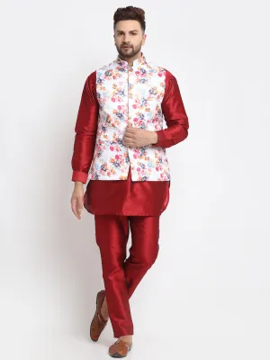 Men's Silk Blend Maroon Kurta With Pyjama & White Printed Nehru Jacket - Benstoke