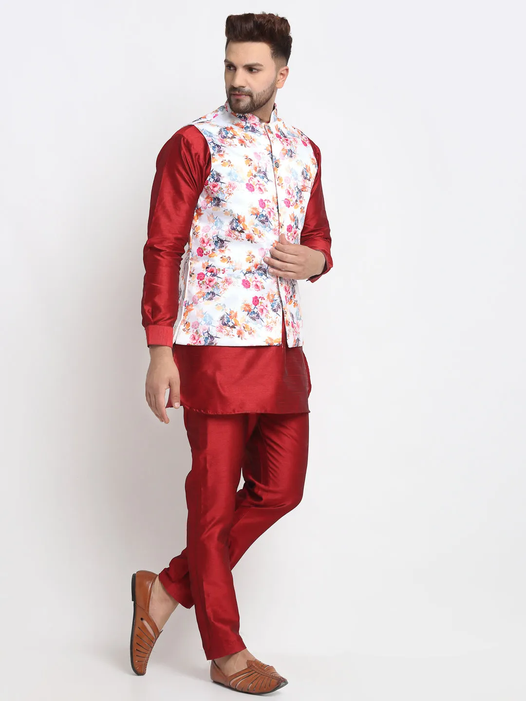 Men's Silk Blend Maroon Kurta With Pyjama & White Printed Nehru Jacket - Benstoke