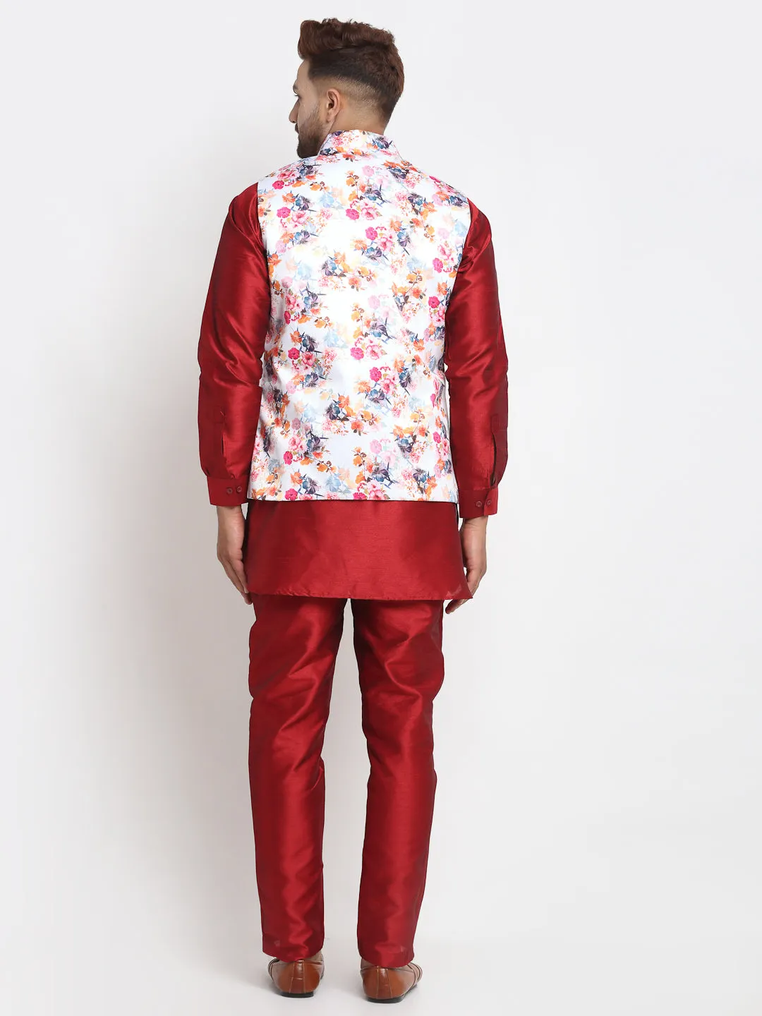 Men's Silk Blend Maroon Kurta With Pyjama & White Printed Nehru Jacket - Benstoke