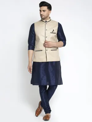 Men's Silk Blend Navy Blue Kurta With Pyjama & Beige Nehru Jacket - Benstoke