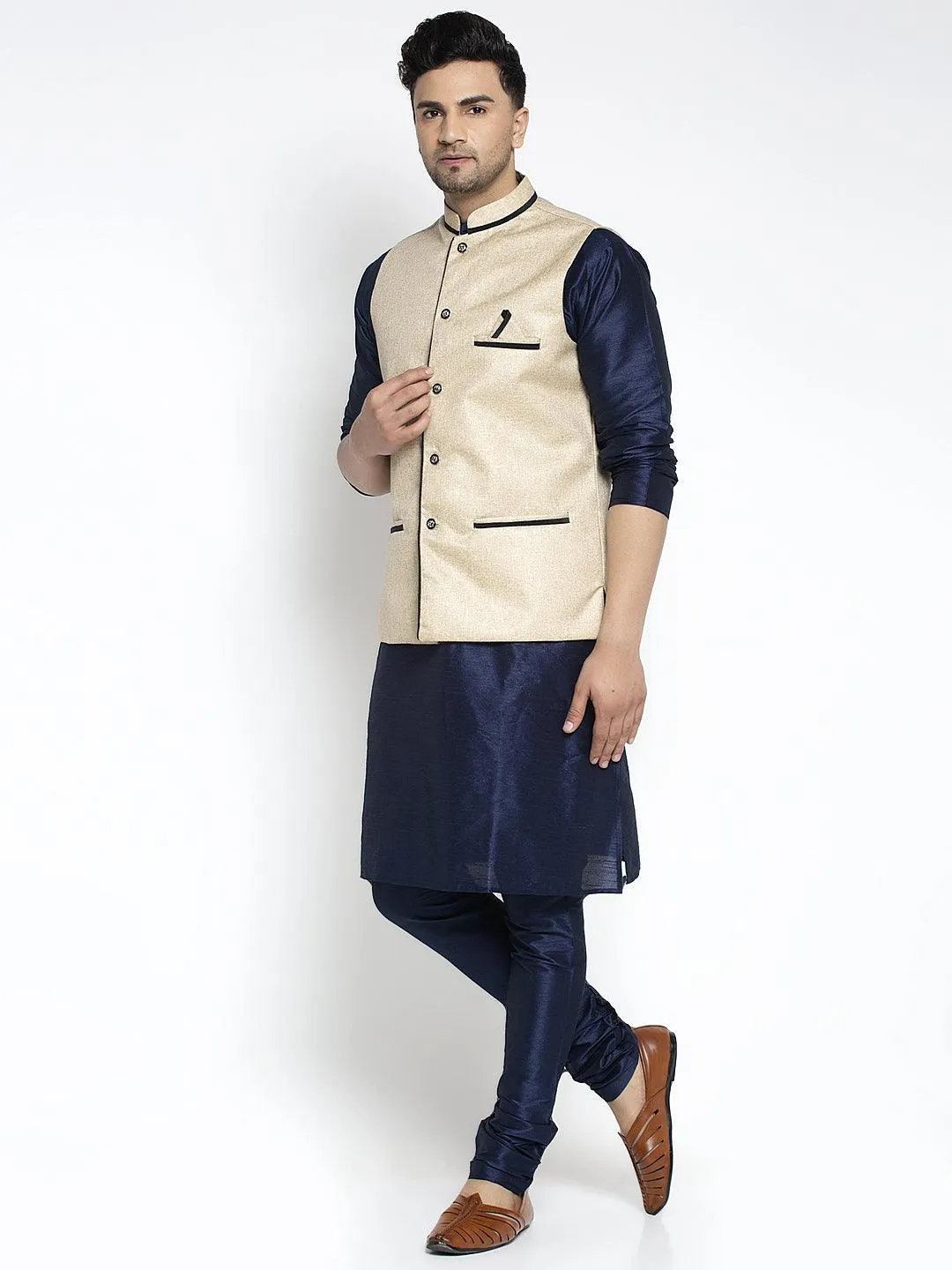 Men's Silk Blend Navy Blue Kurta With Pyjama & Beige Nehru Jacket - Benstoke