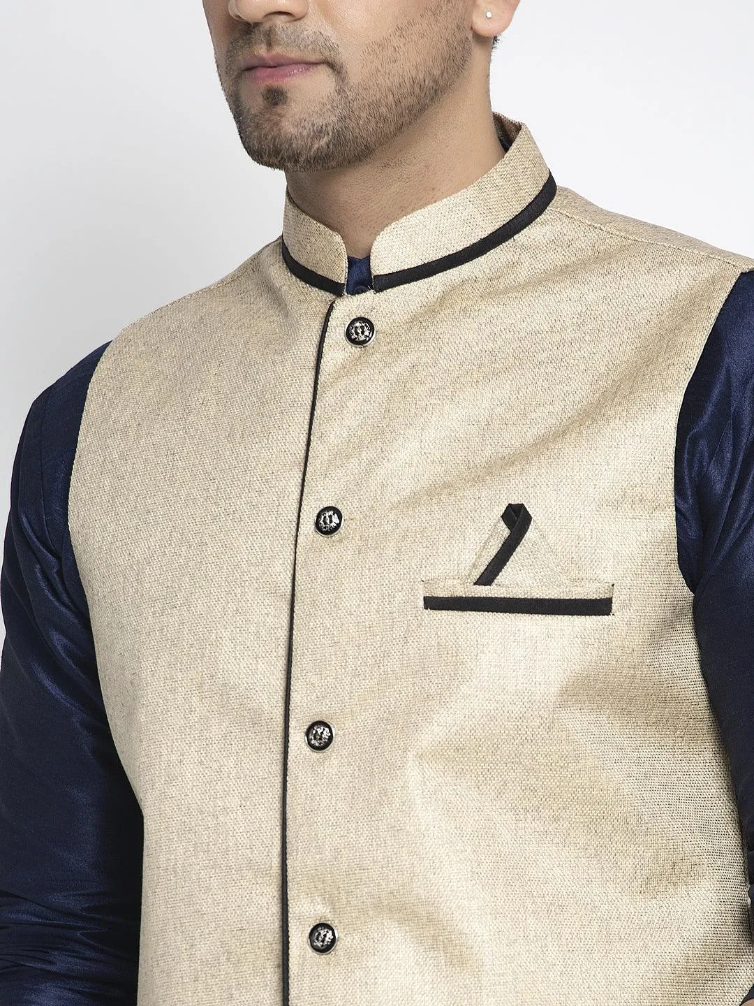 Men's Silk Blend Navy Blue Kurta With Pyjama & Beige Nehru Jacket - Benstoke