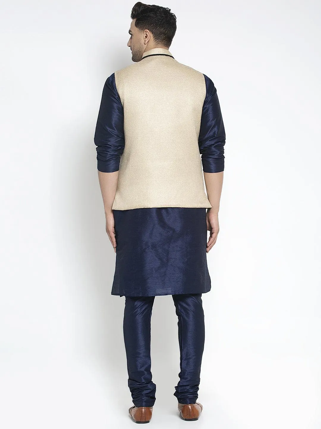 Men's Silk Blend Navy Blue Kurta With Pyjama & Beige Nehru Jacket - Benstoke