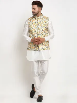 Men's Silk Blend White Kurta With Pyjama & Lime Green Printed Nehru Jacket - Benstoke