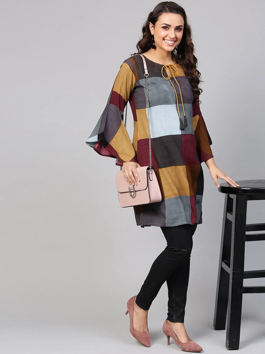 Multi-Colored Checked Tunic Key Hole Neck & Bell Sleeves