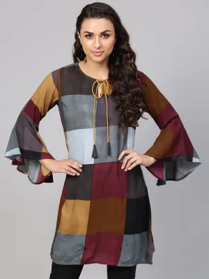 Multi-Colored Checked Tunic Key Hole Neck & Bell Sleeves