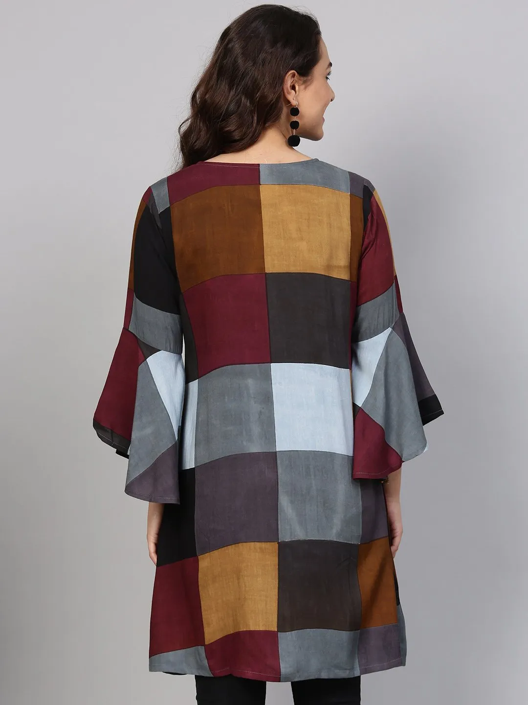 Multi-Colored Checked Tunic Key Hole Neck & Bell Sleeves