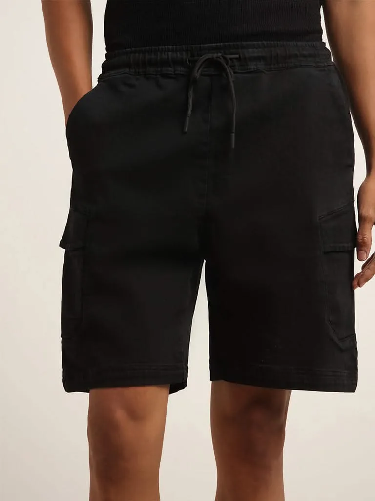 Nuon Black Cotton Blend Relaxed Fit Cargo-Style Shorts