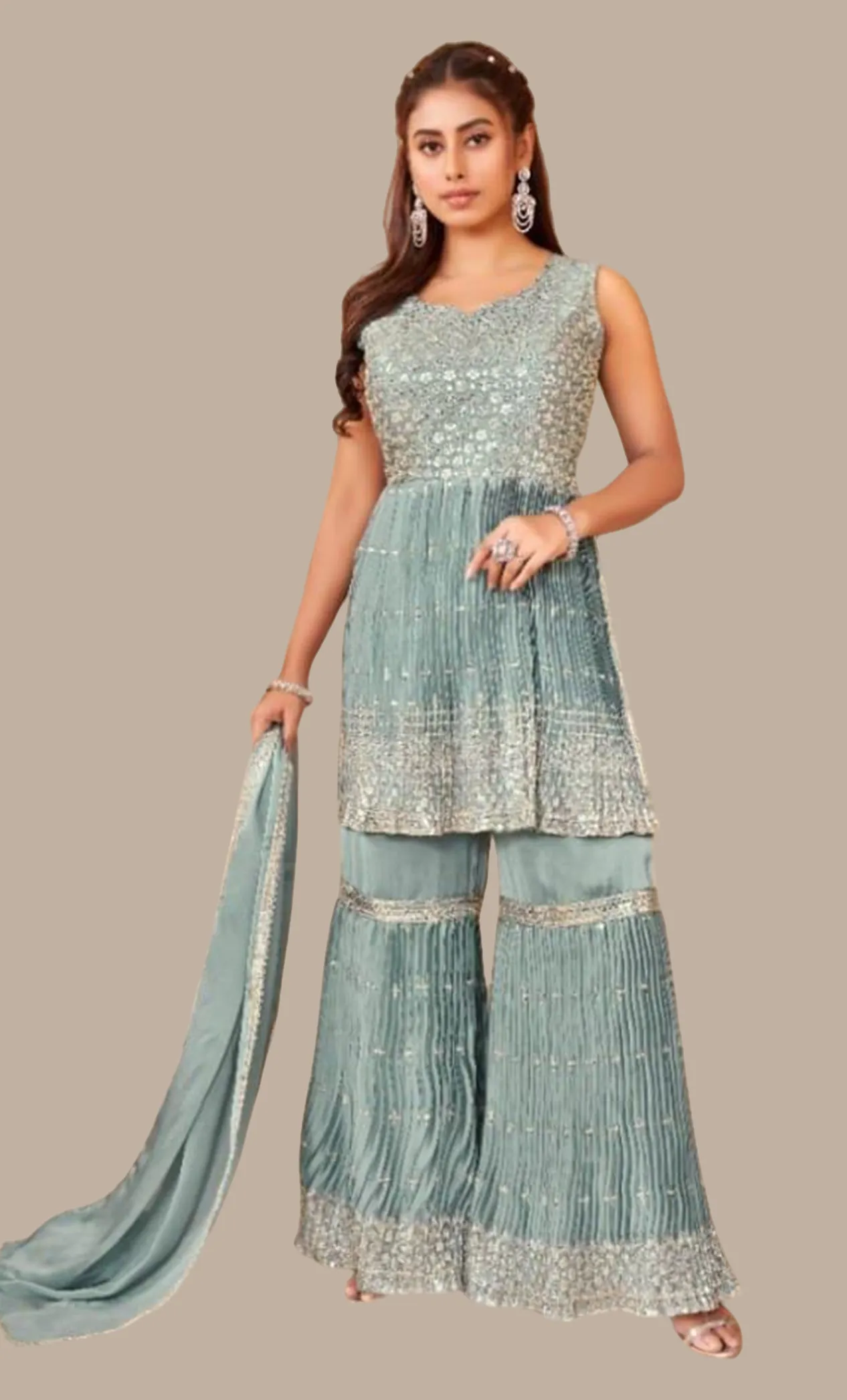 Pale Sea Green Embroidered Palazzo Set