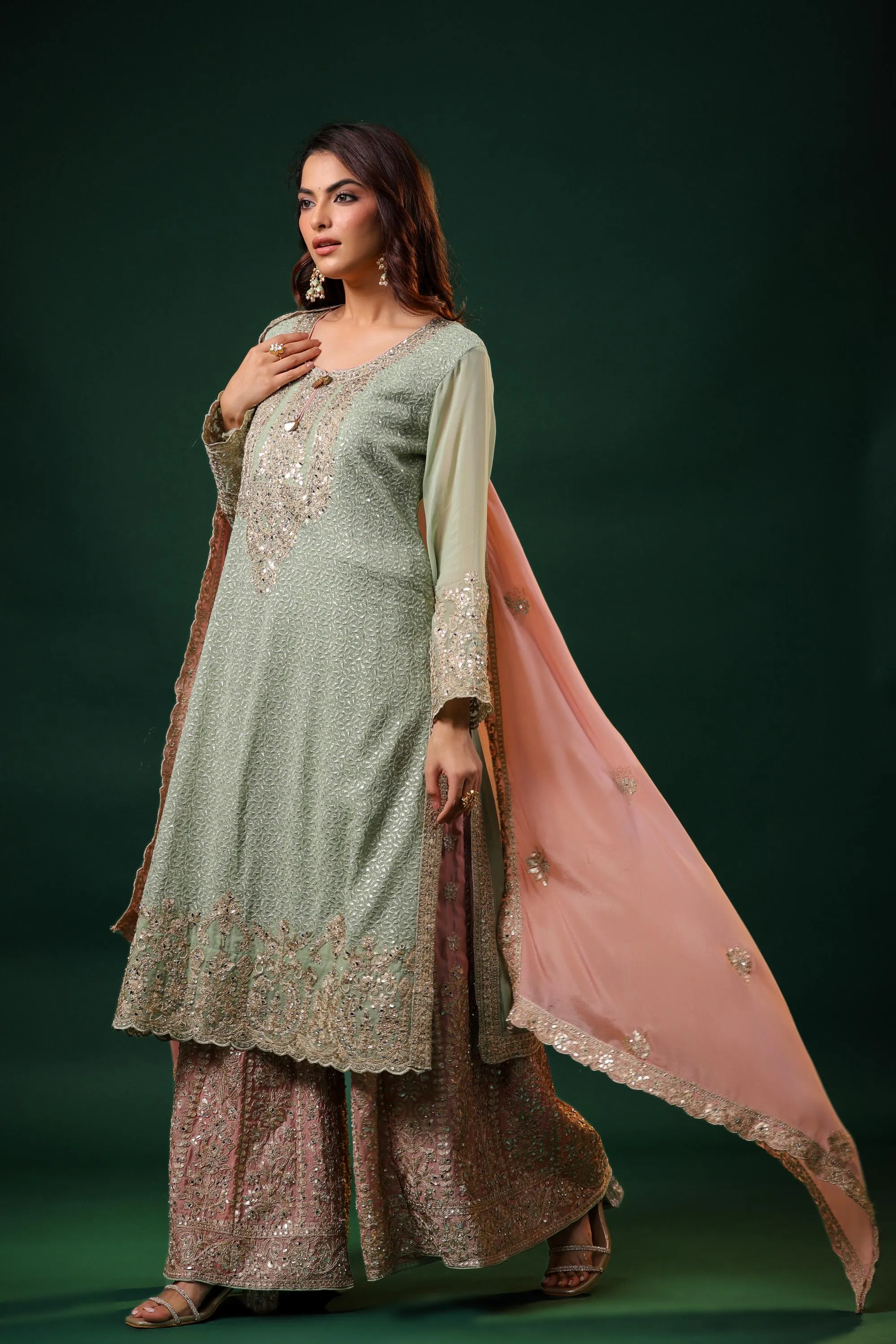 Pastel Green Embellished Premium Georgette Silk Palazzo Set