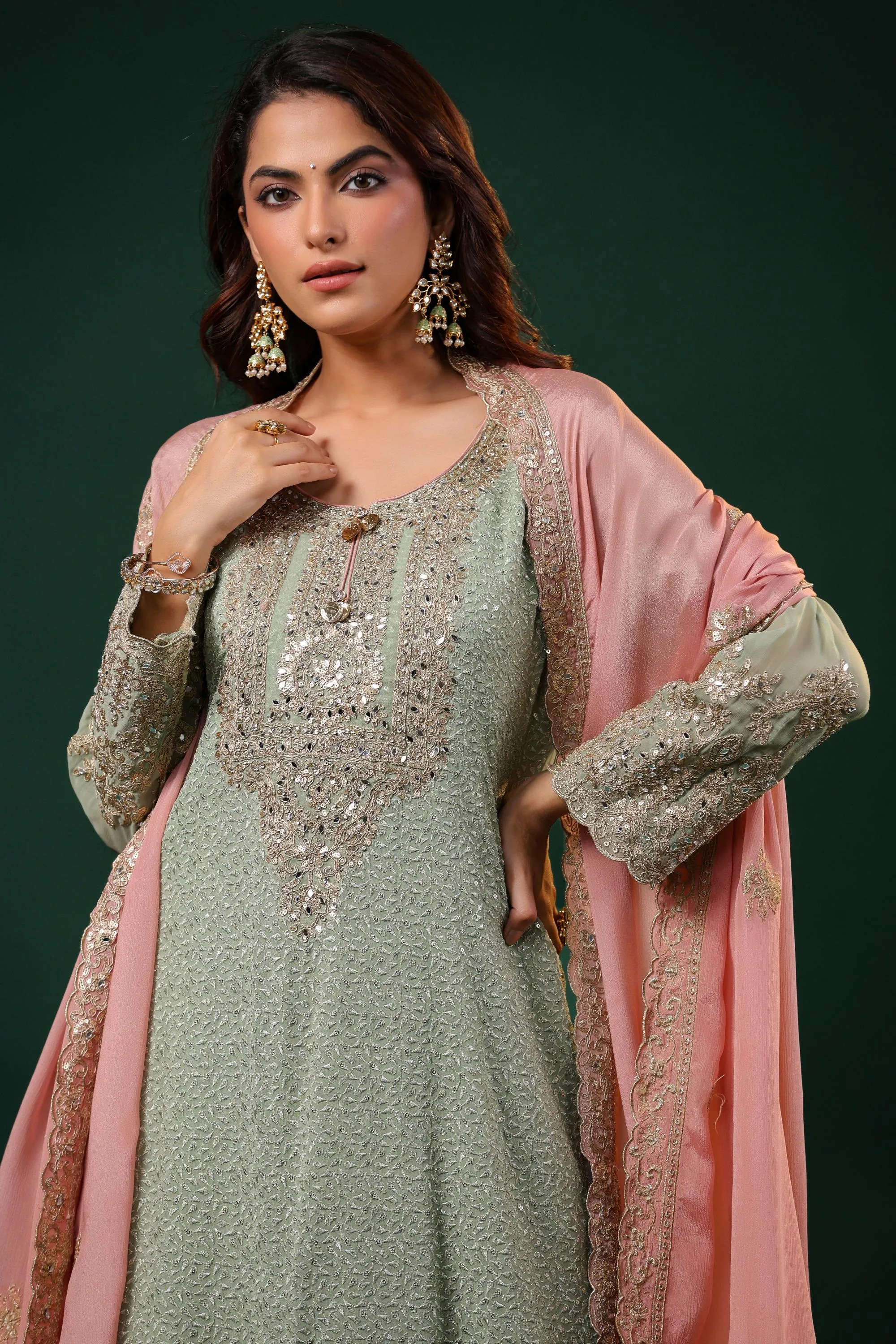 Pastel Green Embellished Premium Georgette Silk Palazzo Set