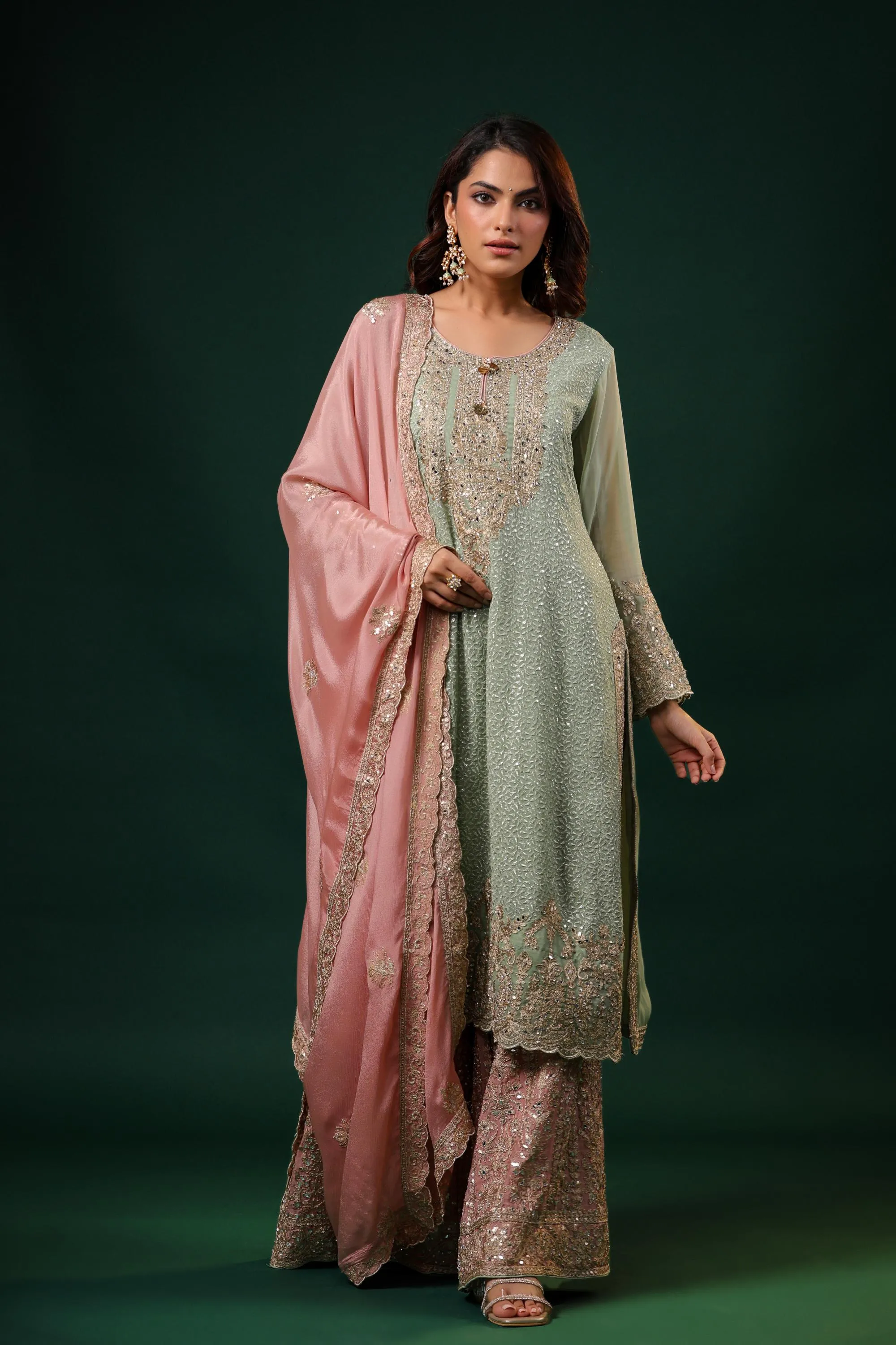 Pastel Green Embellished Premium Georgette Silk Palazzo Set