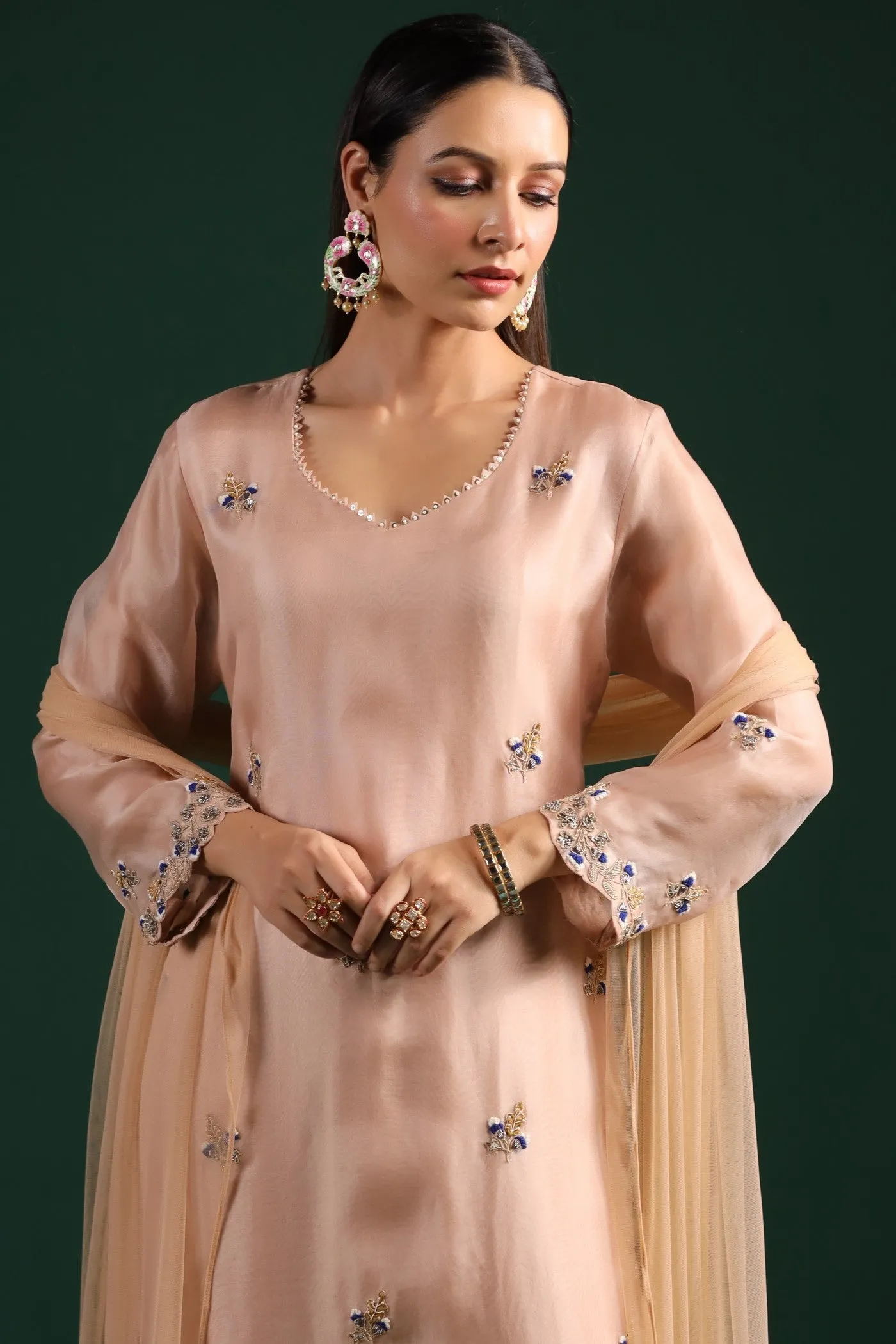 Pastel Peach Embroidered Kurta Palazzo Set