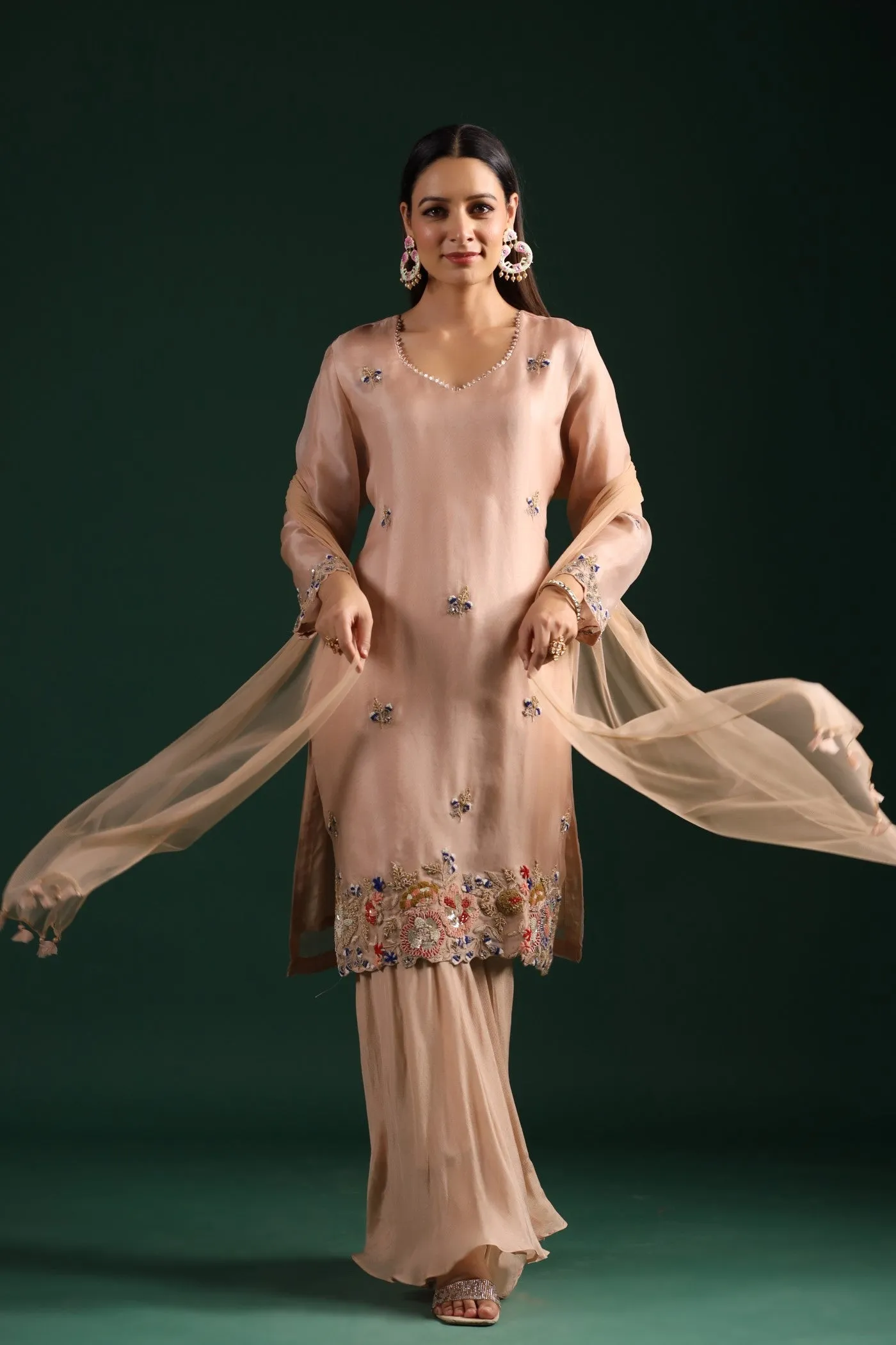 Pastel Peach Embroidered Kurta Palazzo Set