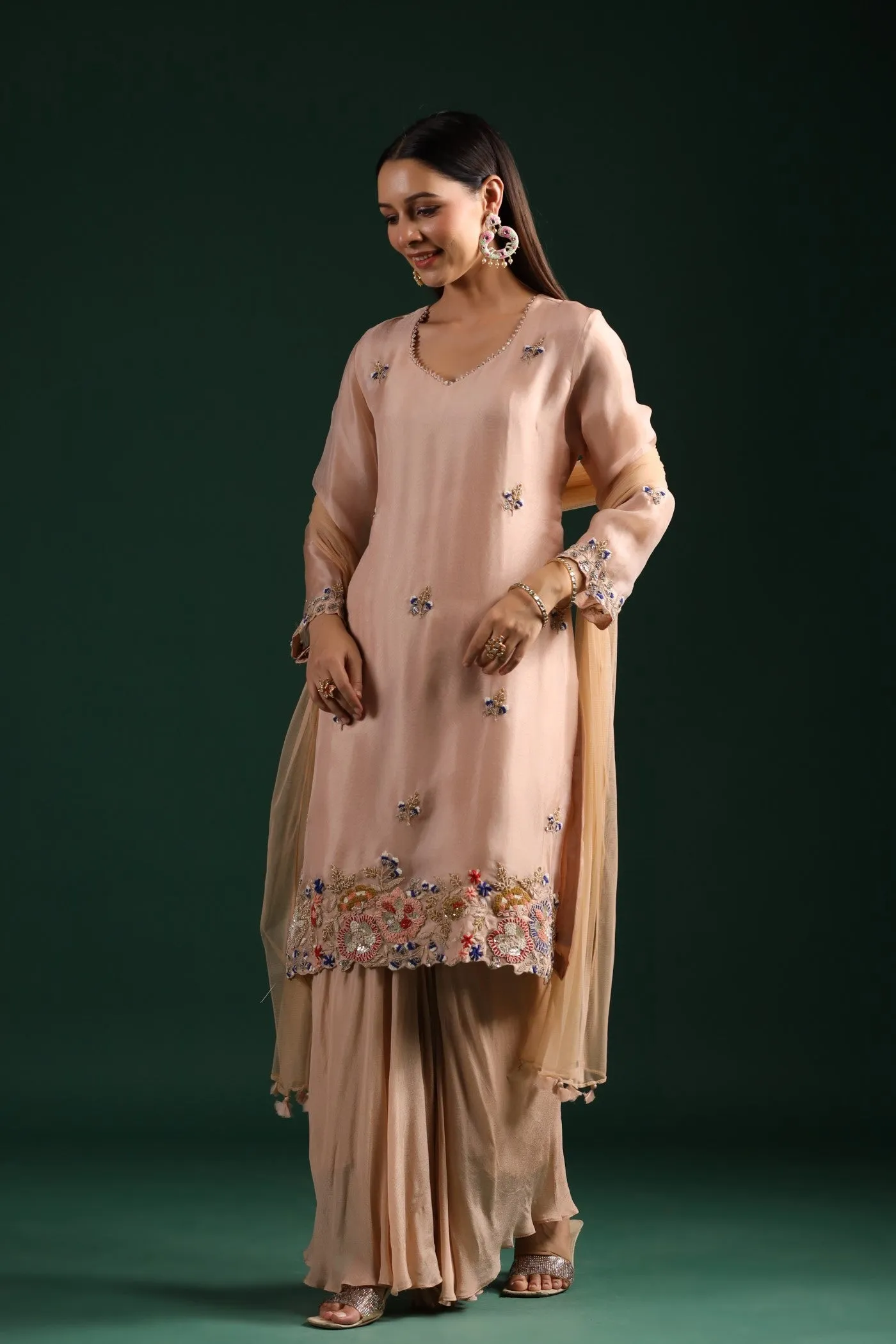 Pastel Peach Embroidered Kurta Palazzo Set