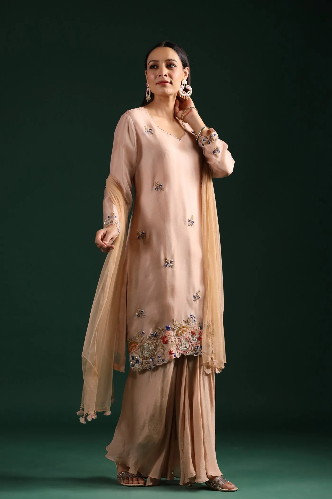 Pastel Peach Embroidered Kurta Palazzo Set