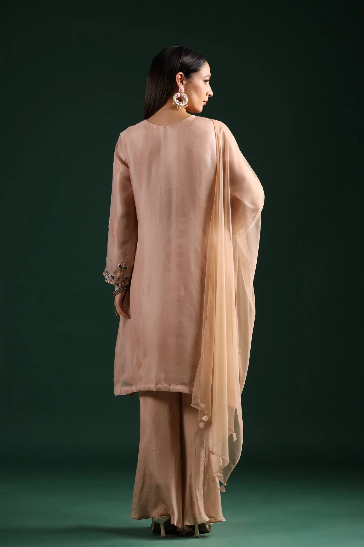 Pastel Peach Embroidered Kurta Palazzo Set