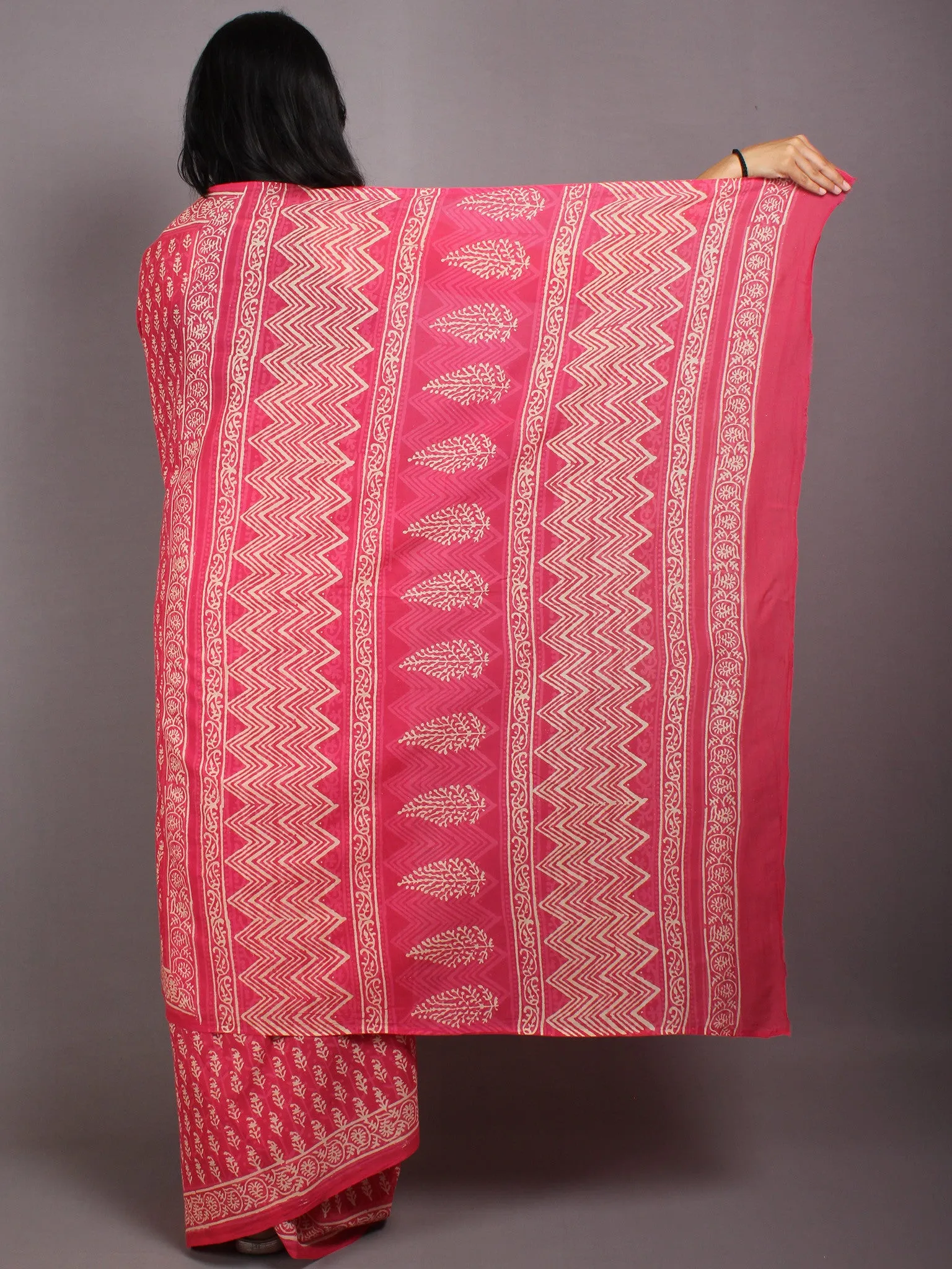 Pink Beige Hand Block Printed Cotton Saree in Natural Colors - S03170574