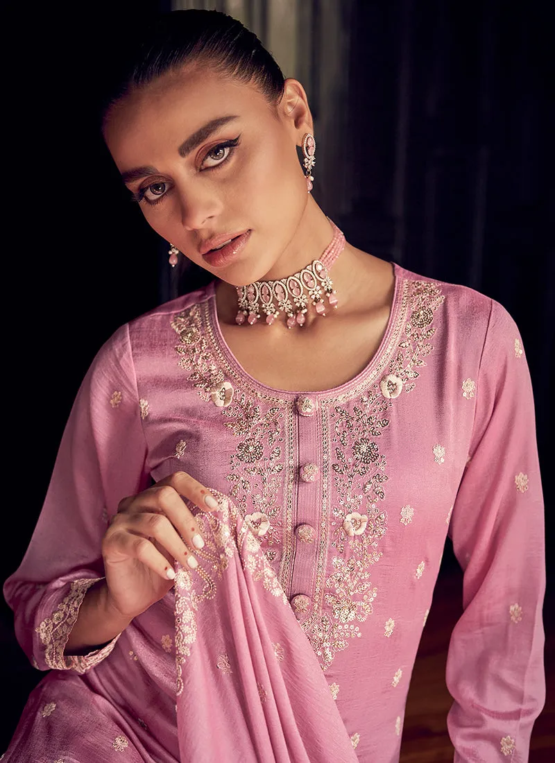 Pink Embroidery Designer Silk Pant Style Suit