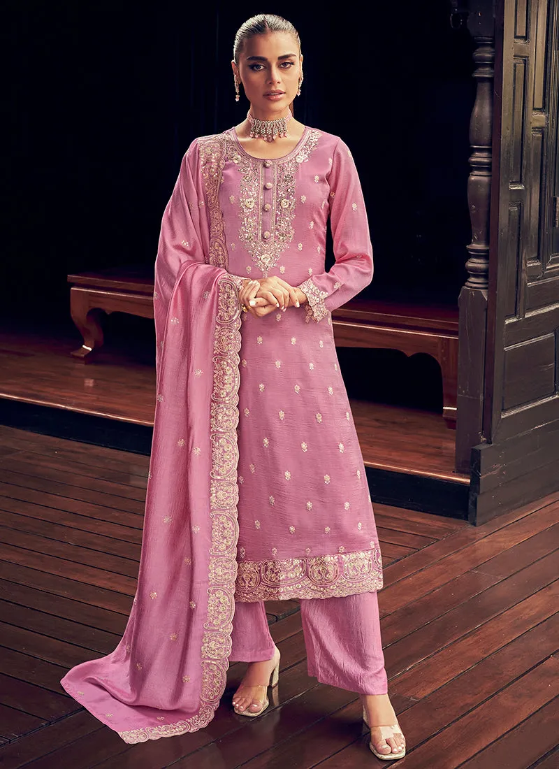 Pink Embroidery Designer Silk Pant Style Suit