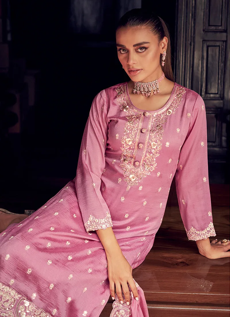 Pink Embroidery Designer Silk Pant Style Suit