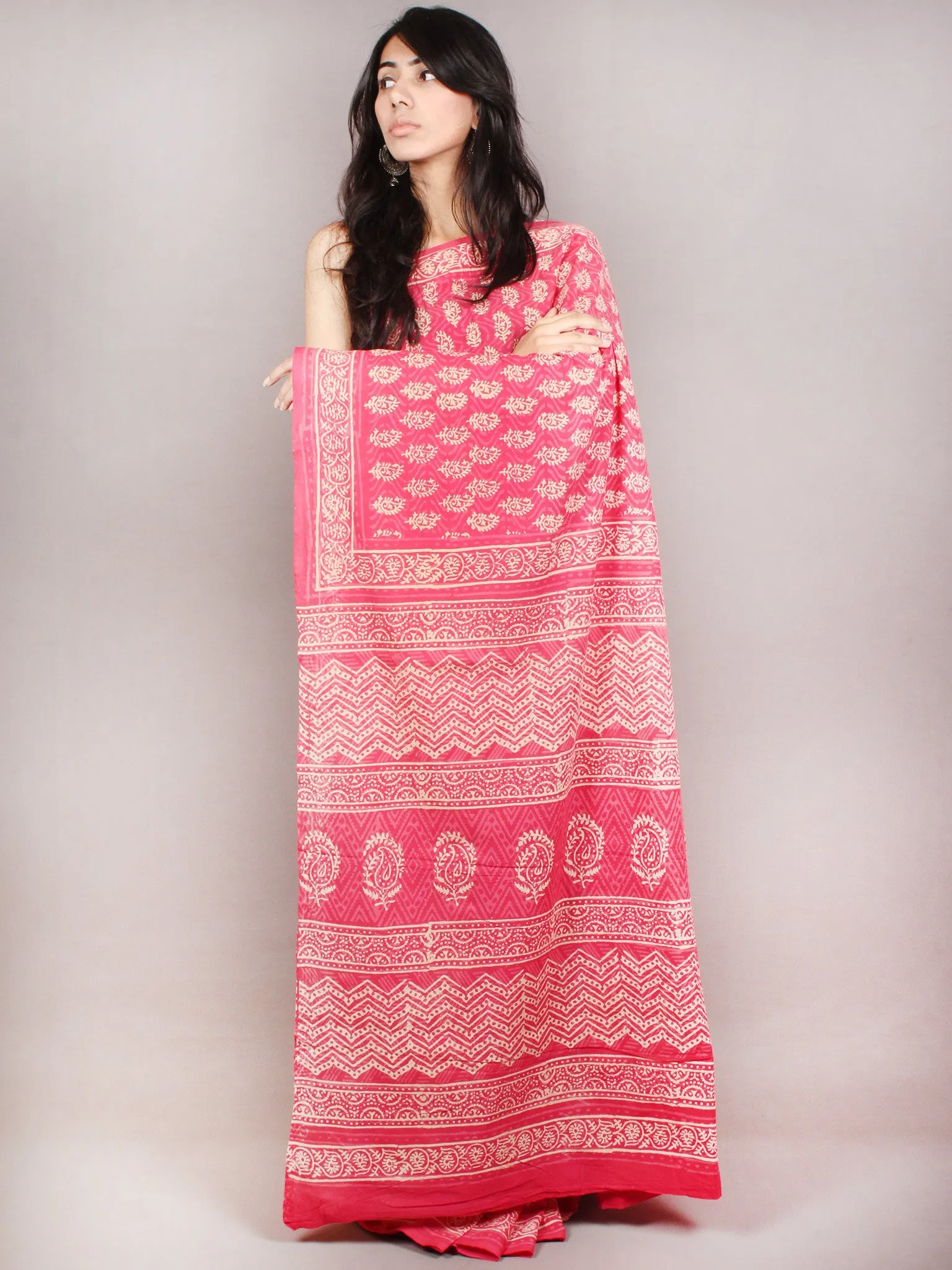 Pink White Hand Block Printed Cotton Saree in Natural Colors - S03170817