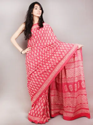 Pink White Hand Block Printed Cotton Saree in Natural Colors - S03170817