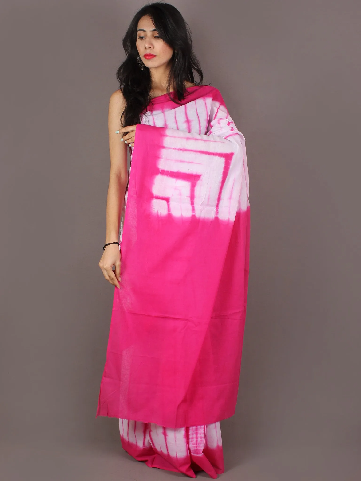 Pink White Hand Dyed Cotton Shibori Saree - S03170168