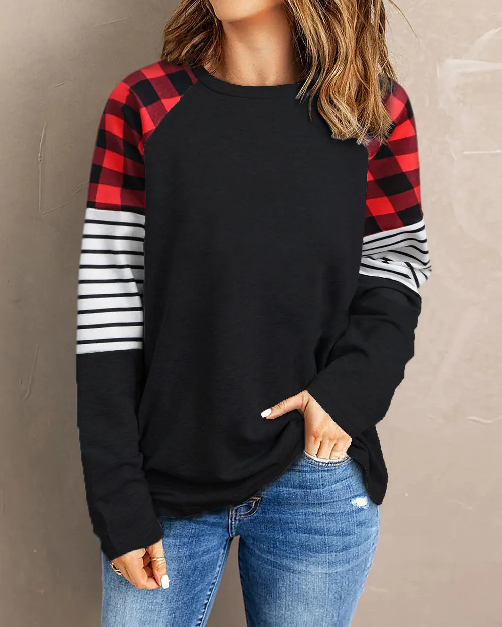 Plaid Panel Long Sleeve Crewneck T-Shirt