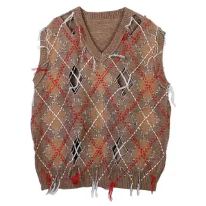 Pre Order:  Argyle Loose Topstitch Sleeveless Cardigan