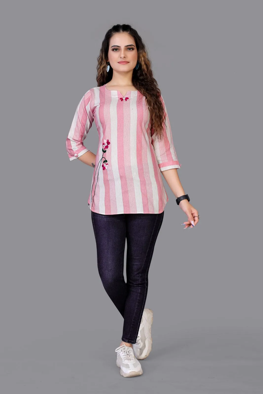 Pure cotton very Beautiful Pink Color V-Neck Three-Quarter Sleeves Tunics for collage girl and Women