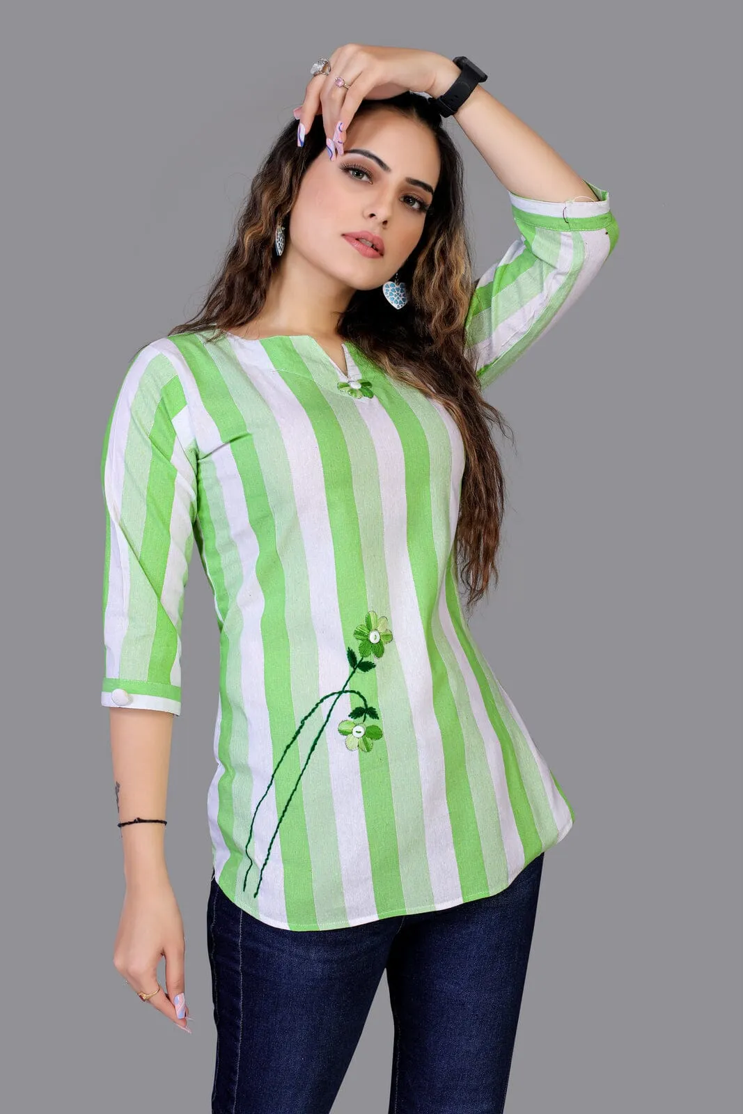 Pure cotton very Green Beautiful Color V-Neck Three-Quarter Sleeves Tunics for collage girl and Women