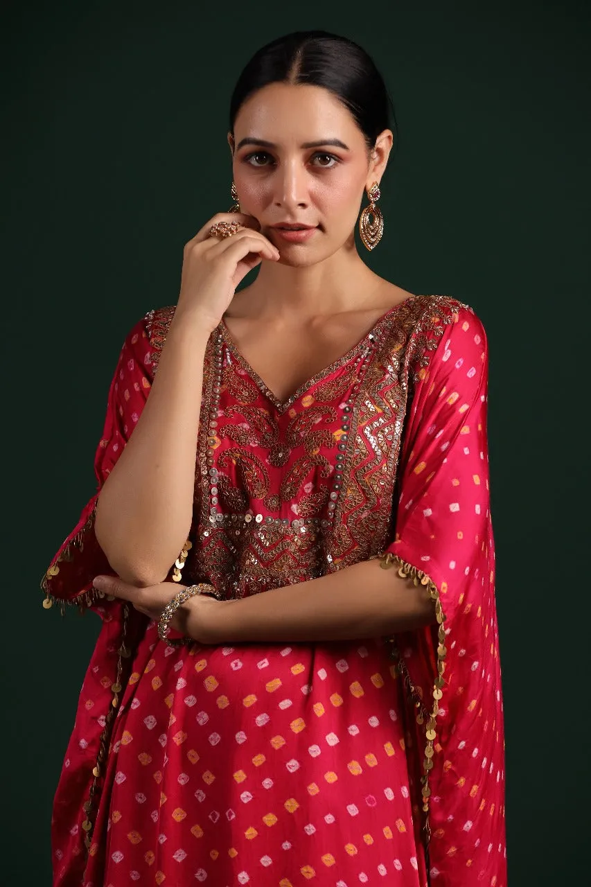 Rani Pink Bandhej Embellished Kaftan Set