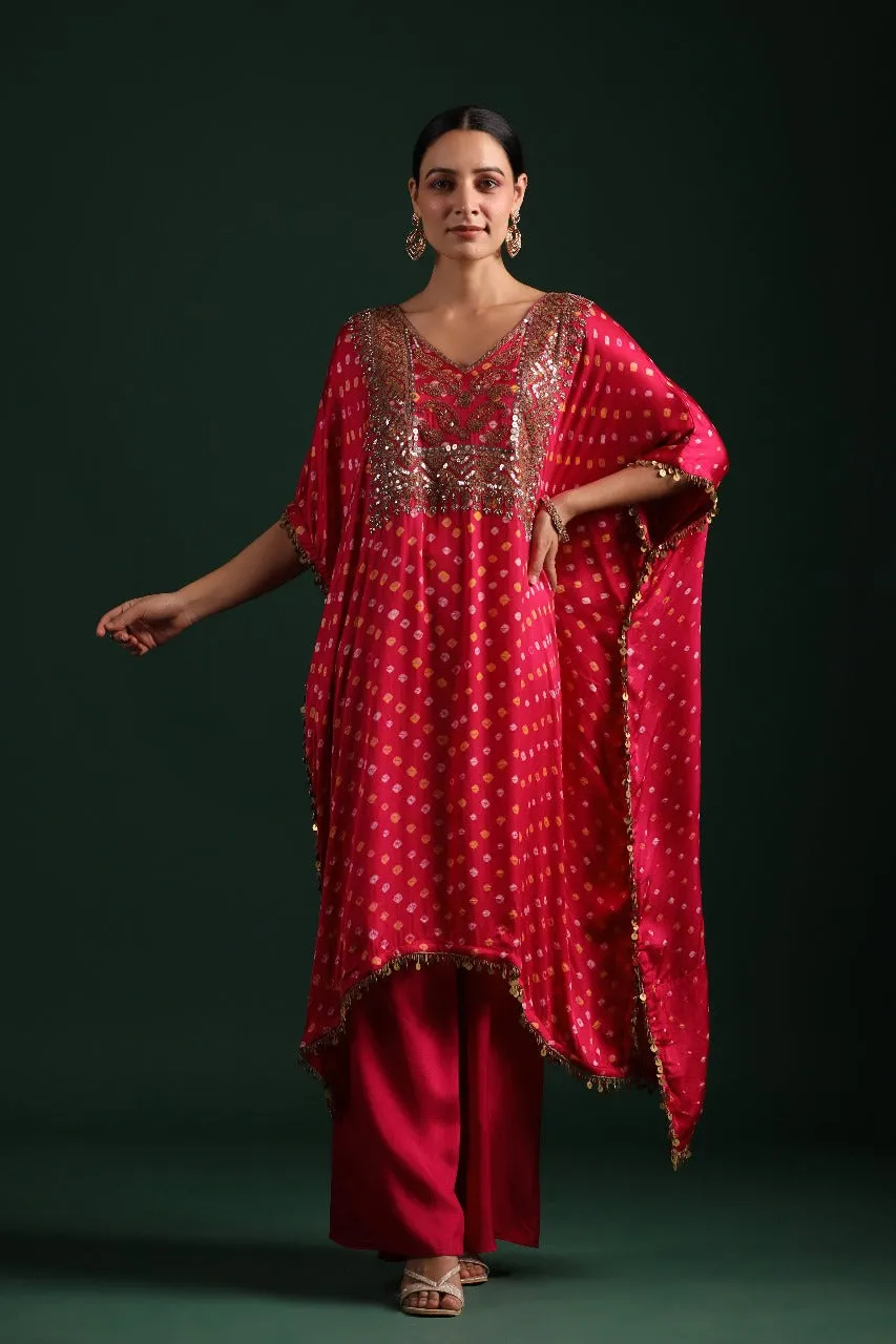 Rani Pink Bandhej Embellished Kaftan Set