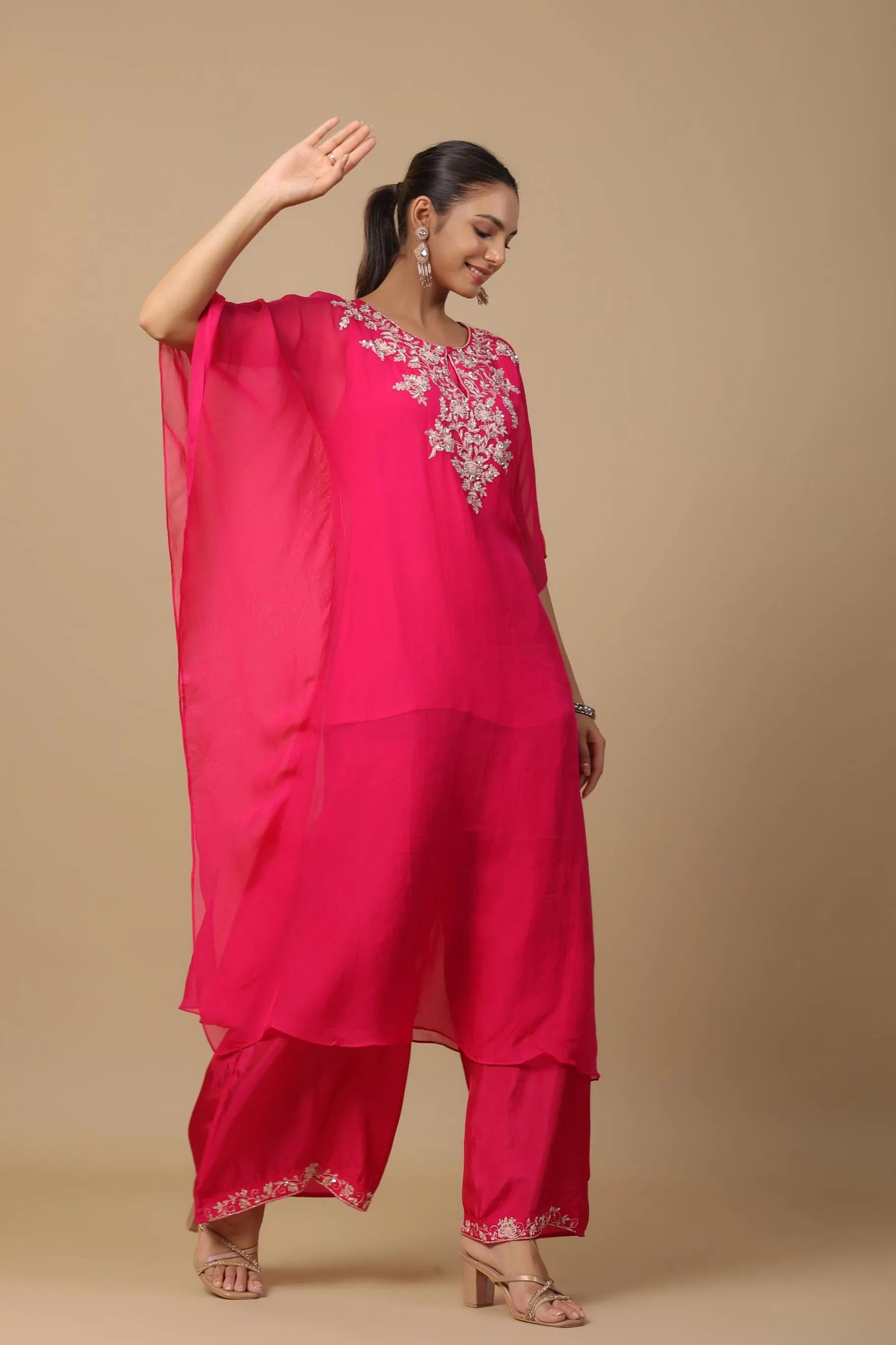 Rani Pink Embellished Premium Organza Silk Kaftan Set