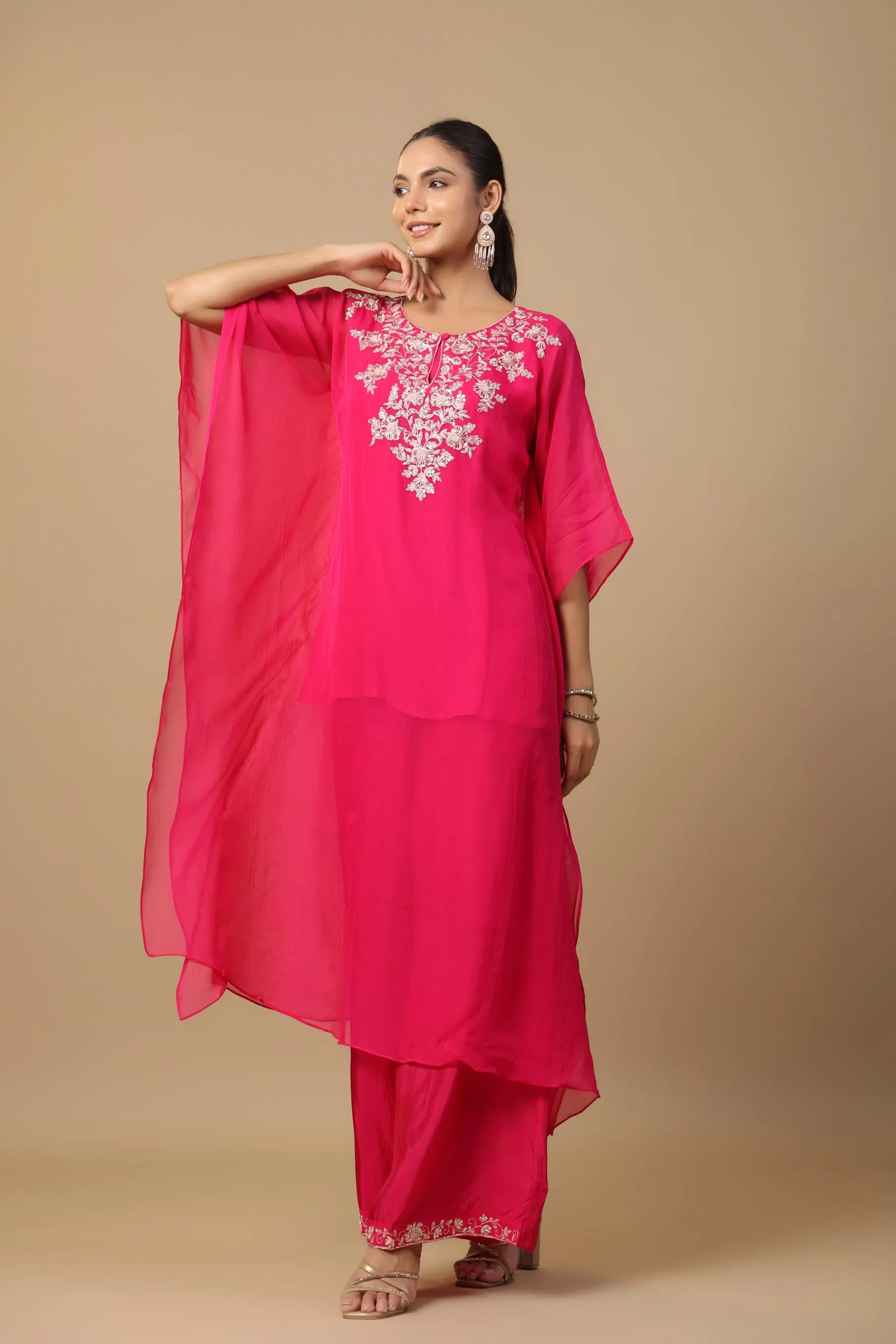 Rani Pink Embellished Premium Organza Silk Kaftan Set