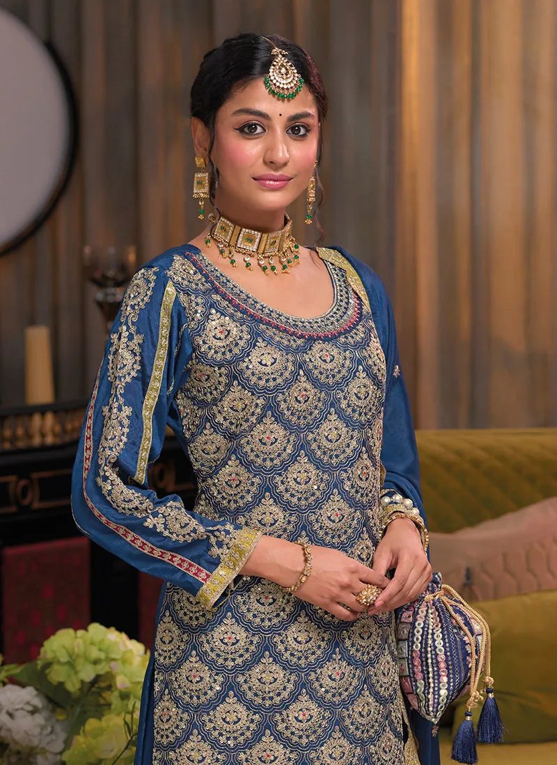 Royal Blue Multi Traditional Embroidery Palazzo Suit