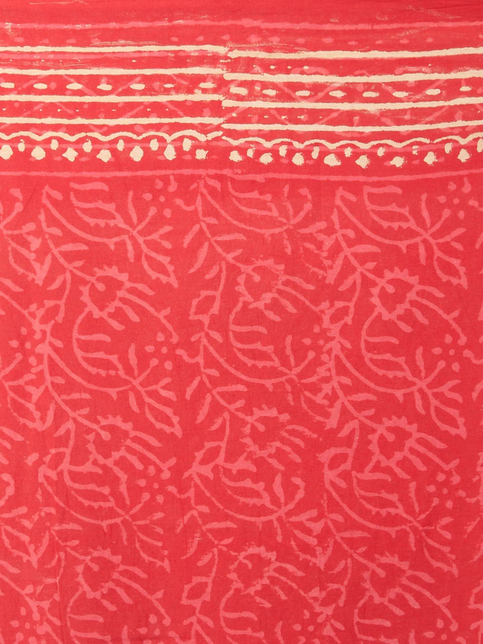 Scarlet Red Pink Beige Hand Block Printed Cotton Saree in Natural Colors - S03170810