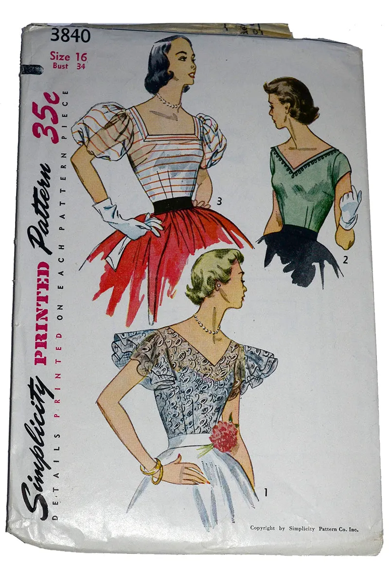 Simplicity 3840 Vintage 1952 Blouses Sewing Pattern