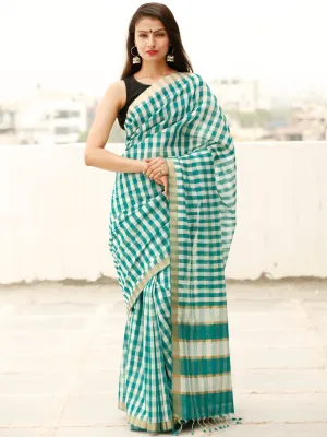 Teal Green White Handloom Mangalagiri Cotton Saree With Zari Border - S031703865