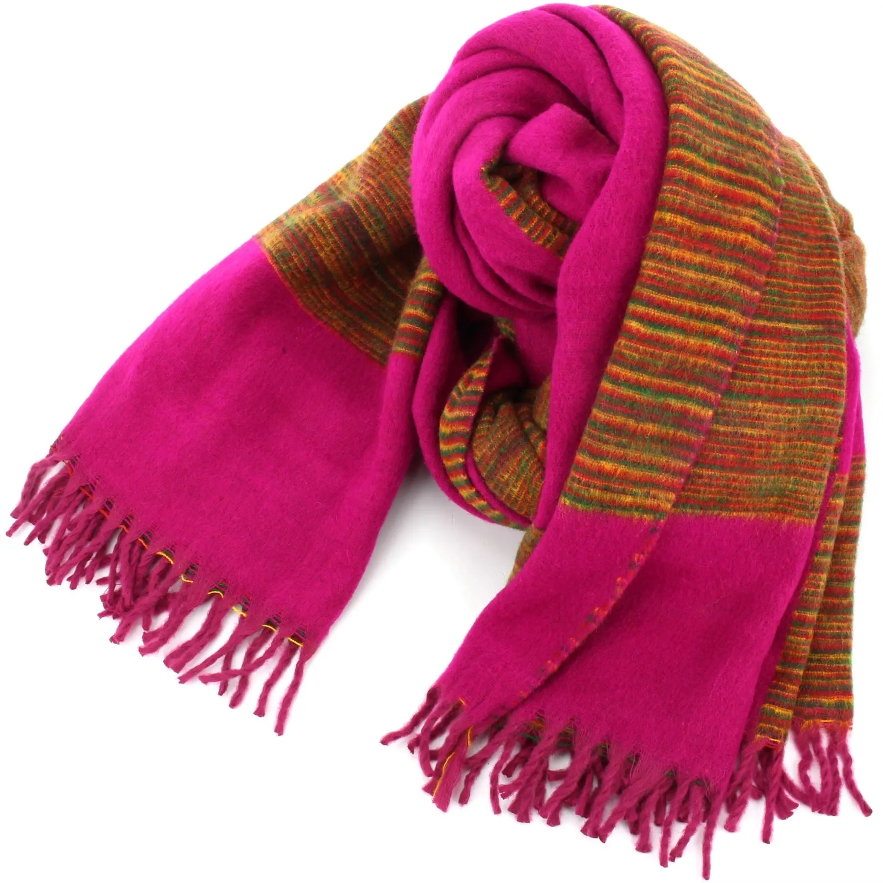 Tibetan Wool Blend Shawl Blanket - Plum with Green Sunset Reverse